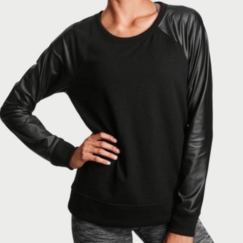 Victoria Sport Pullover Soft Sweater Faux Leather Sweatshirt Crew Neck Medium